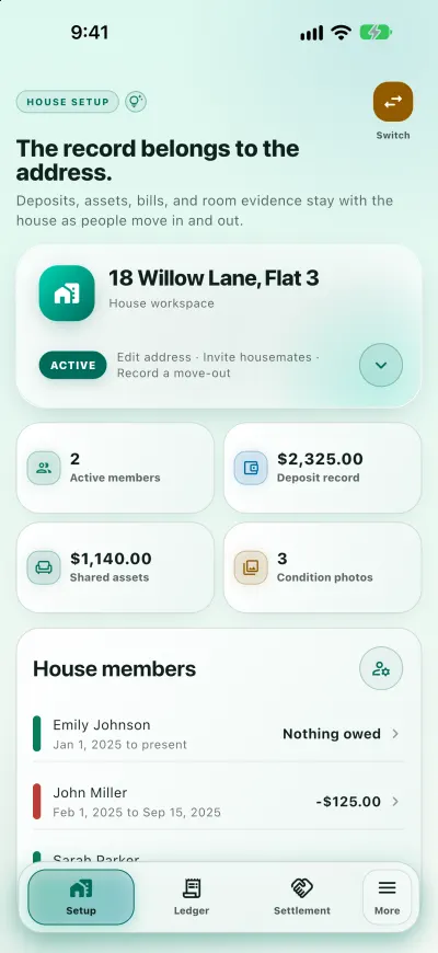 Setup screen for 18 Willow Lane, Flat 3, showing two active members, a $2,325 deposit record, $1,140 of shared assets and three condition photos.