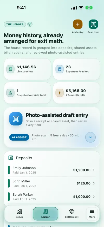 Ledger screen with a live settlement preview of $1,146.56, 23 expenses tracked, one disputed item and the photo-assisted draft entry card.