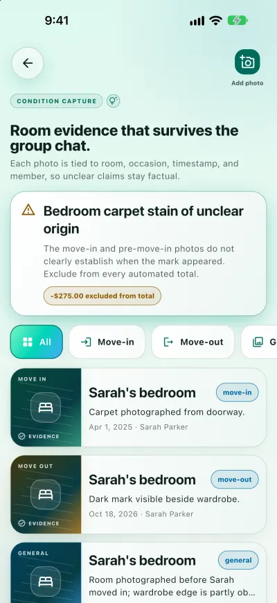 Condition screen showing a bedroom carpet stain excluded from the total, with move-in and move-out photos of the same bedroom.