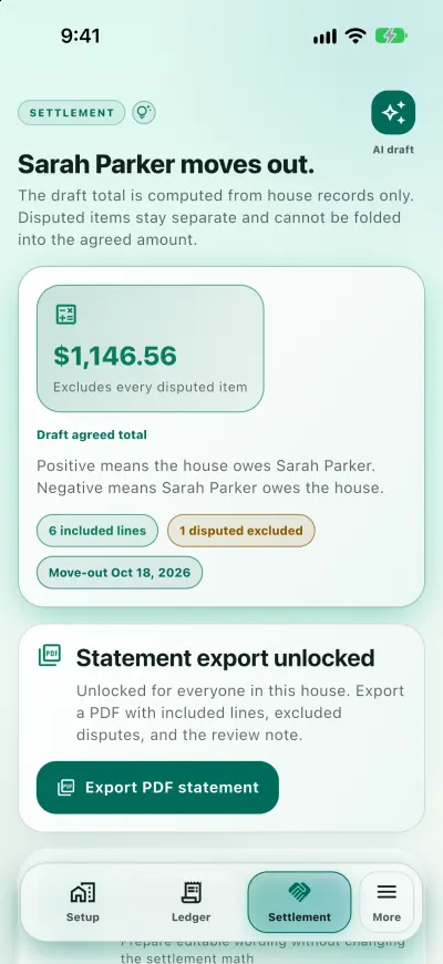 Settlement screen for Sarah Parker's move-out, showing a draft agreed total of $1,146.56 with six included lines and one disputed item excluded.