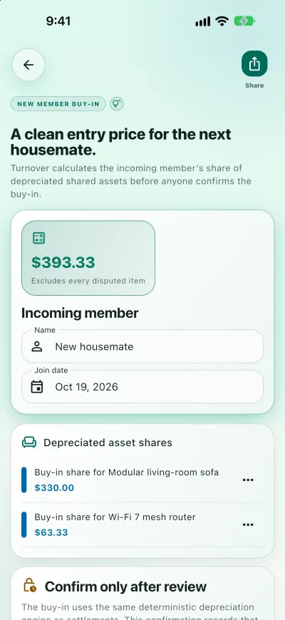 Buy-in screen showing a $393.33 entry price for a new housemate, made up of depreciated shares of a sofa and a mesh router.