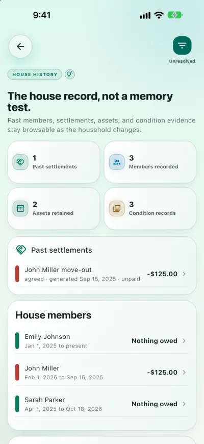 House history screen listing one past settlement, three members recorded, two assets retained and three condition records.