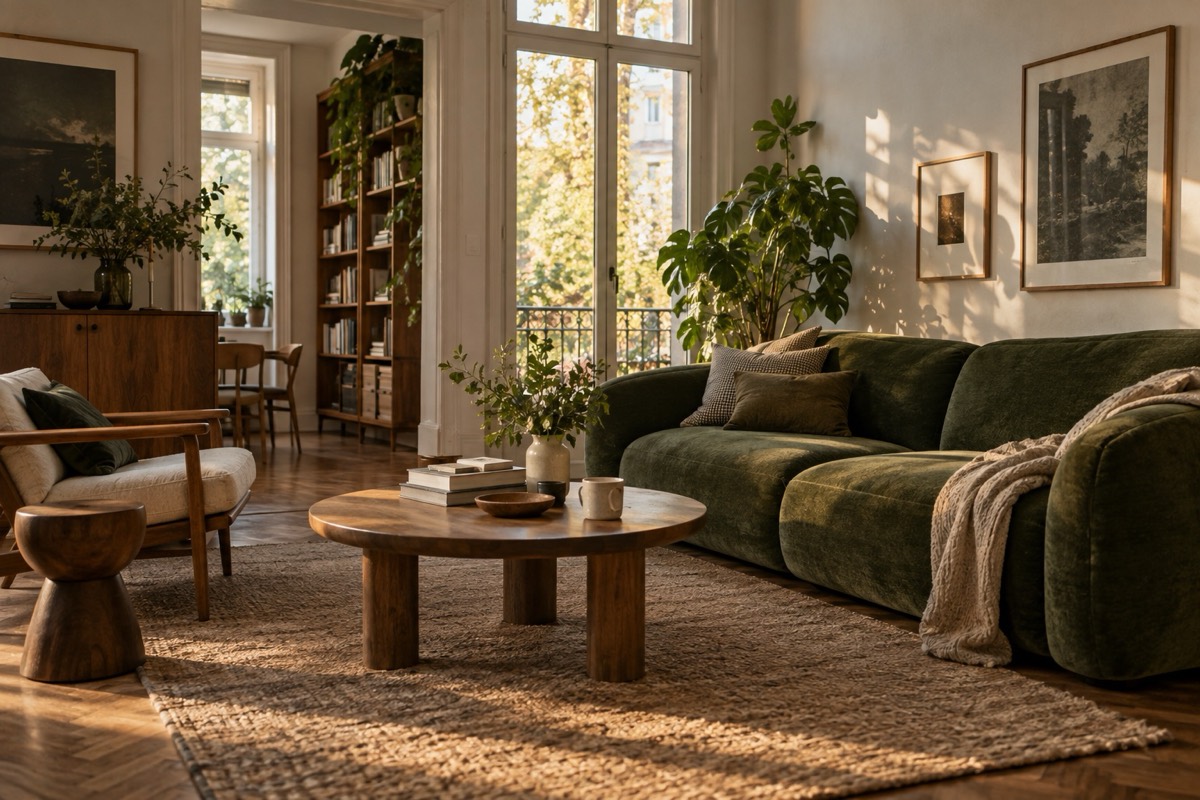 A sunlit shared living room with a green sofa, books and mugs on the coffee table